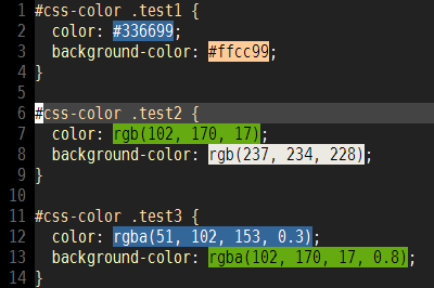 rgb()/rgba()に対応したCSS color previewのプレビュー画像。