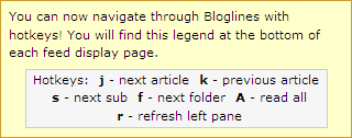 Bloglinesのホットキーの説明。