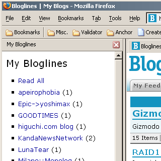 Bloglinesの未読一覧をFirefoxのSidebarに表示してみた。