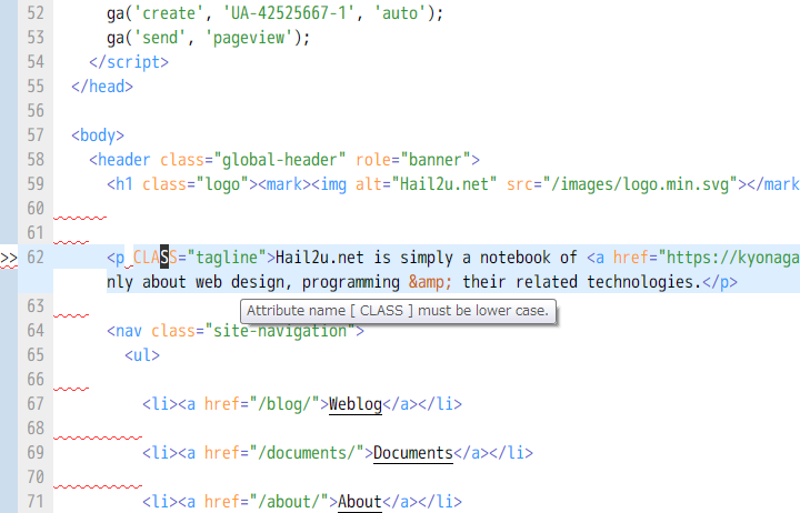 HTMLHintでのチェックの結果がガッターとバルーンヘルプで表示されている。