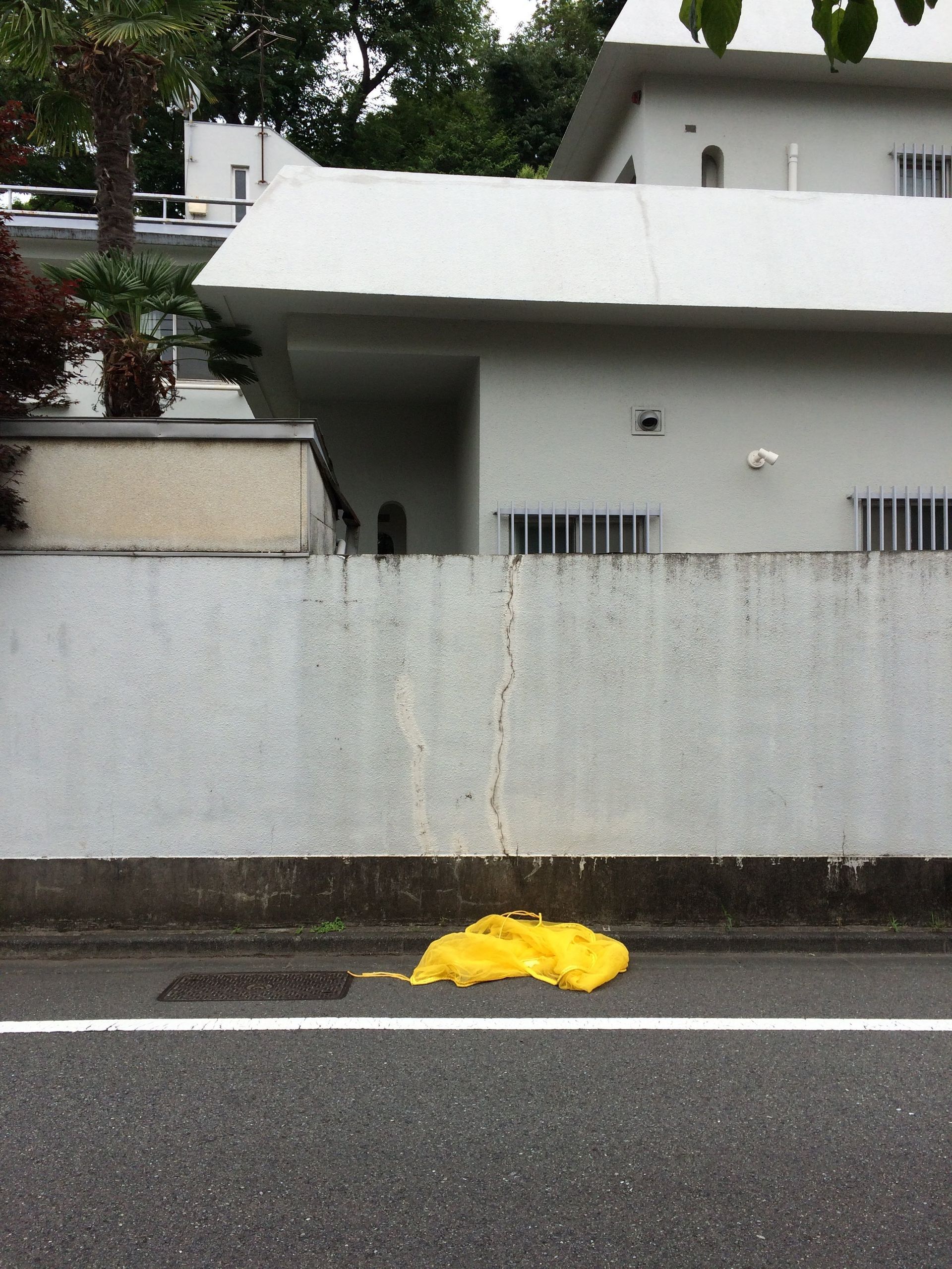 ゴミを覆うための黄色いネットが道端に寝ている。