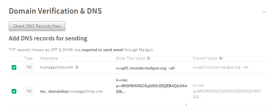 Mailgunでドメインの認証用TXTレコードの照合に成功した様子。