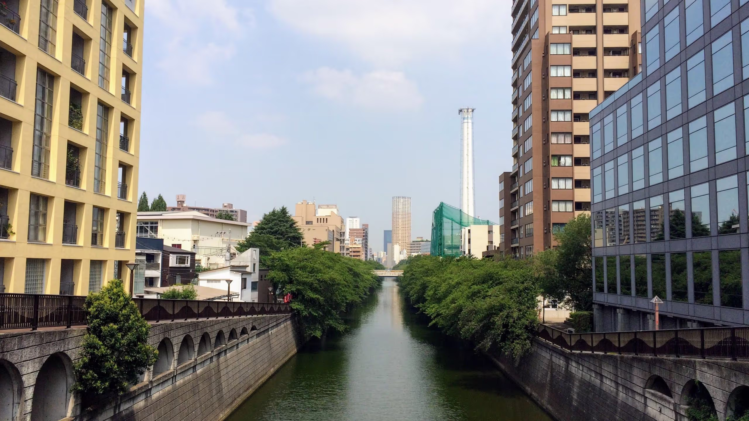 桜が咲いていない目黒川は、暑いせいかどんよりとした緑色だった。