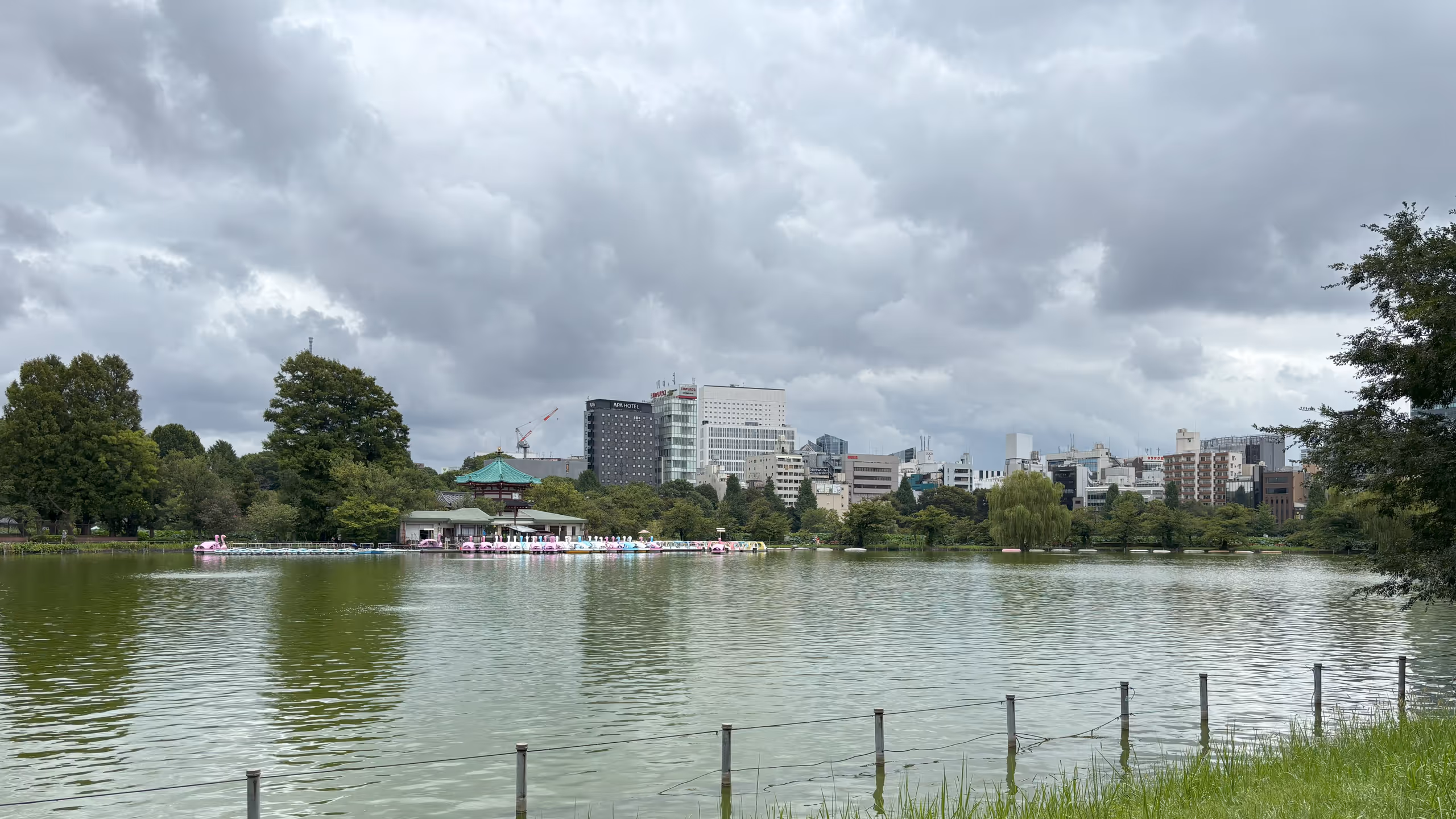 緑色の池の奥に弁天堂が良く見える。スワン・ボートはあいにくの天候で誰も乗っていないようだ。